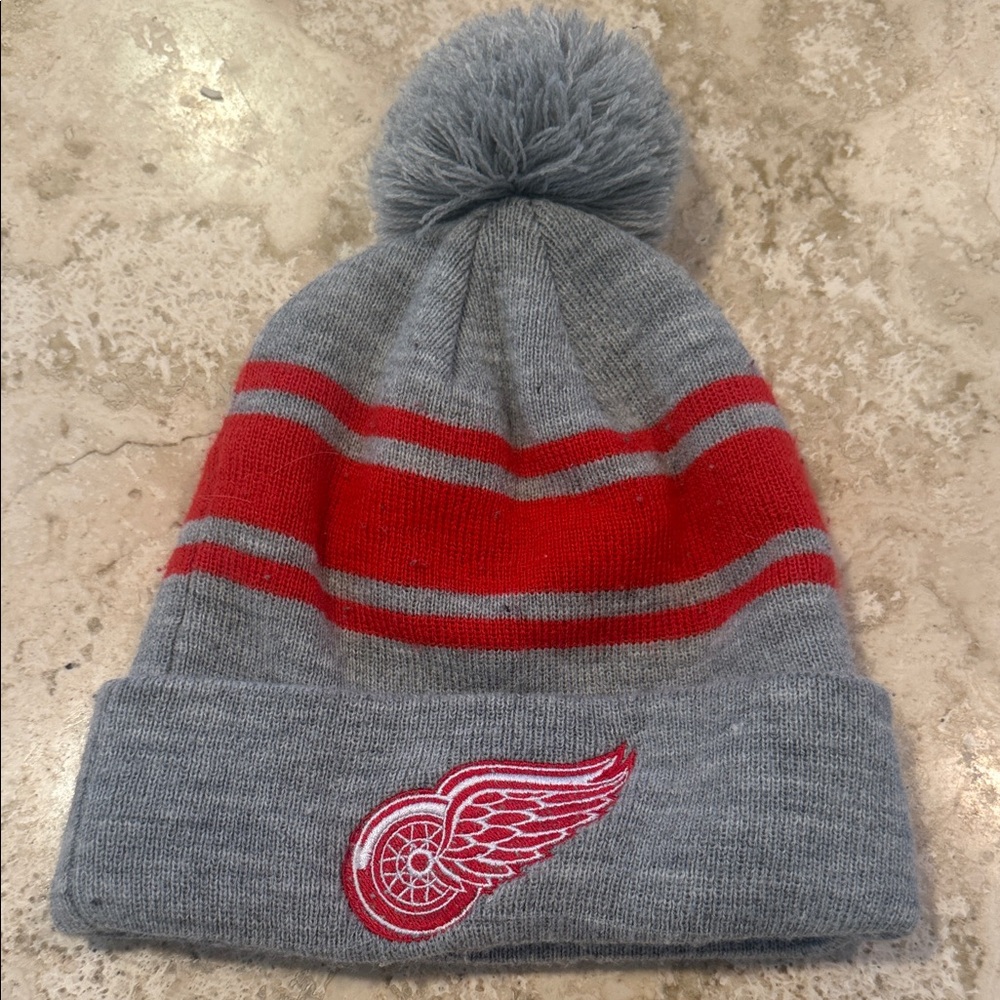 Red Wings Detroit Bauer Gray and Red Knit Pom Beanie